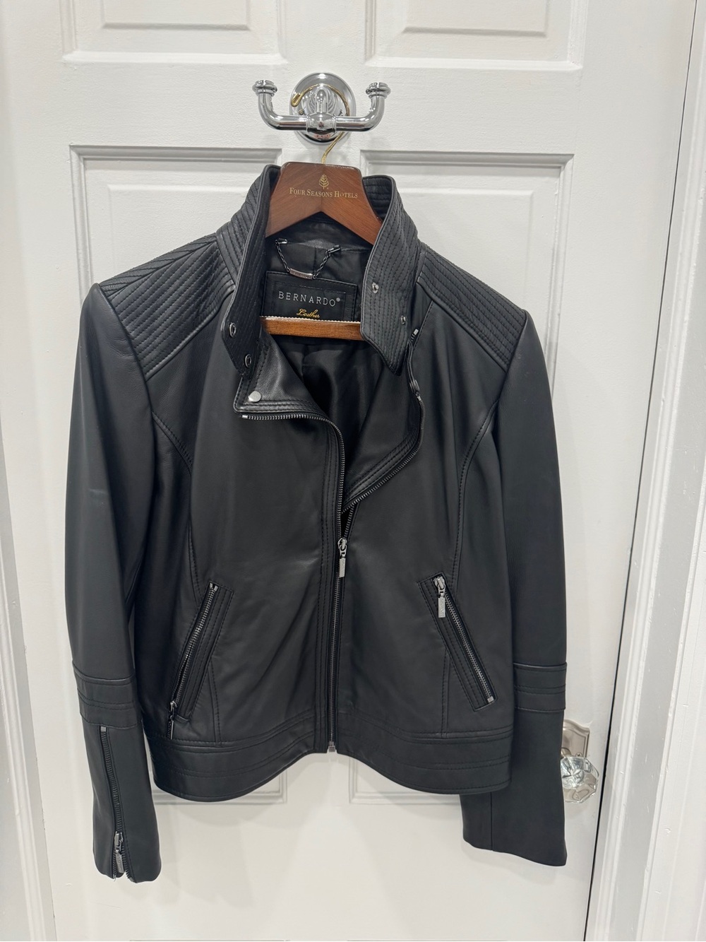 Bernardo Black Quilted-Shoulder Moto Jacket